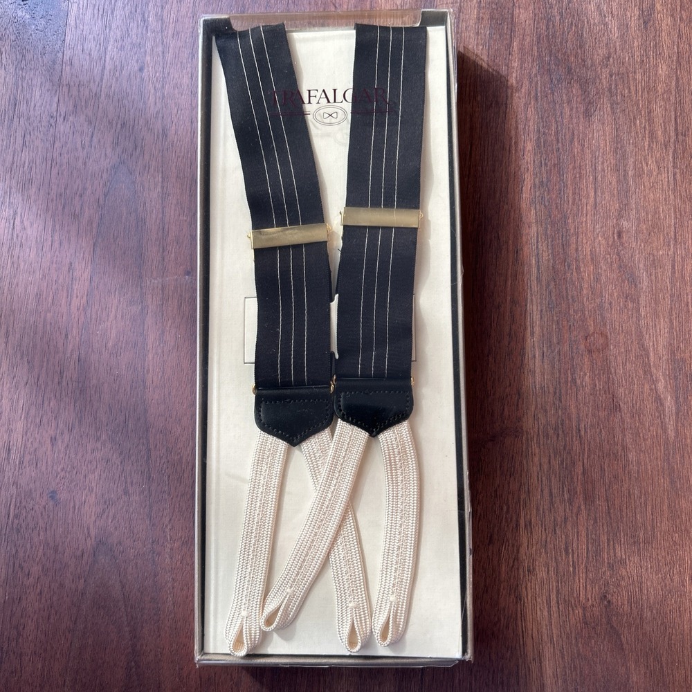 Trafalgar Black Pinstripe Suspenders Braces Braided Cord Runner Ends Vintage